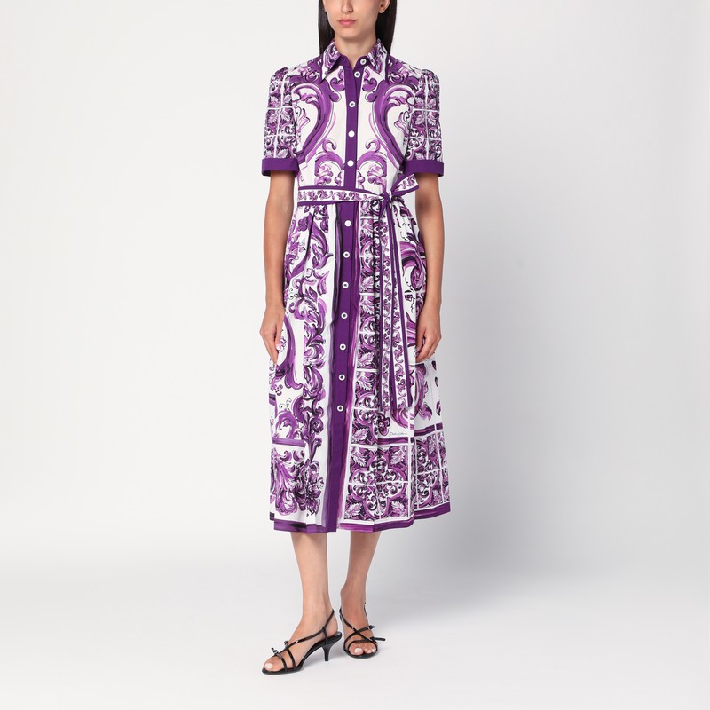 Dolce & Gabbana Poplin Shirt Dress With Maiolica Print In Multi