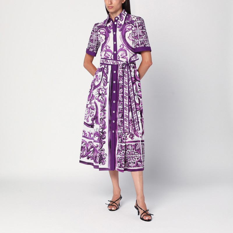 Dolce & Gabbana Poplin Shirt Dress With Maiolica Print In Multi