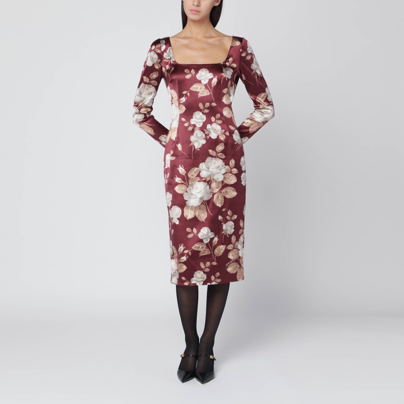 Burgundy satin dress with floral print