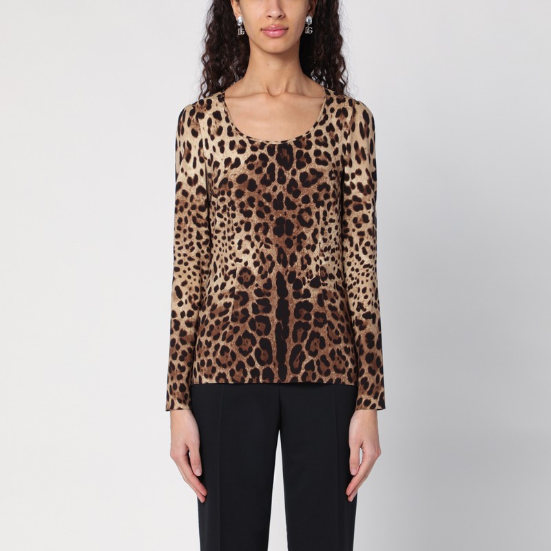 Dolce & Gabbana Leopard Print Silk Blend Long Sleeve Top In Print