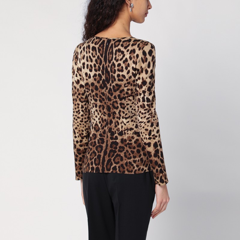 Dolce & Gabbana Leopard Print Silk Blend Long Sleeve Top In Print