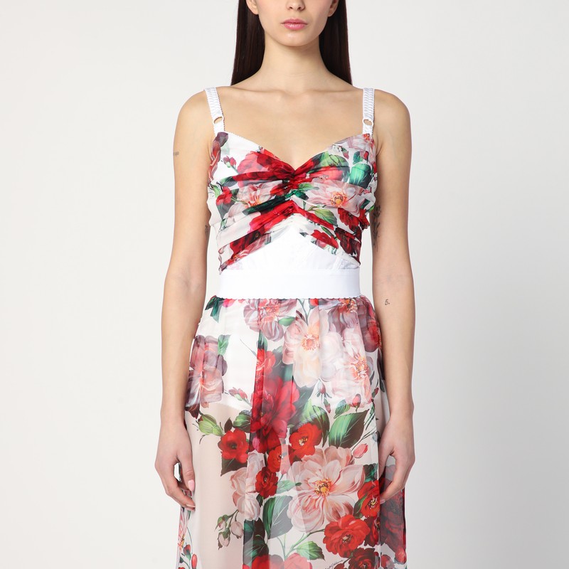 Bustier top in marquisette and chiffon with Rose print