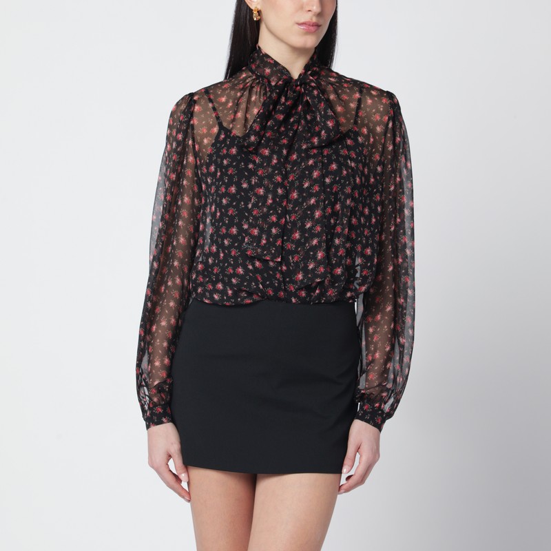 Black chiffon blouse with small rose print