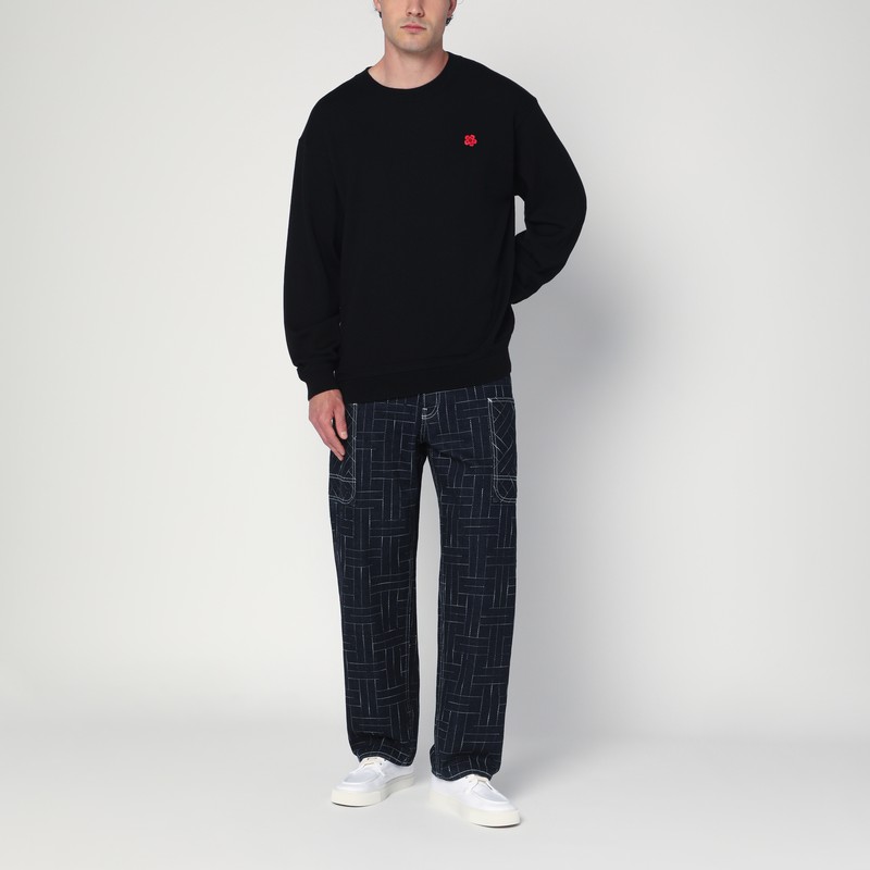 Kenzo Black Knit Jumper With Boke Flower Logo Patch On The Chest In Wool Man In Black