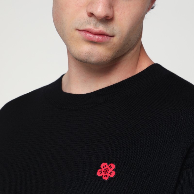Kenzo Black Knit Jumper With Boke Flower Logo Patch On The Chest In Wool Man In Black