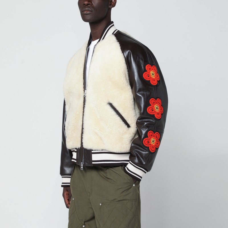 Beige shearling-effect and brown leather bomber jacket