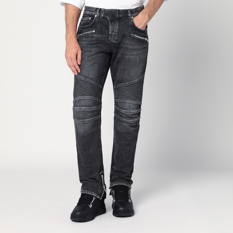 Grey washed slim biker jeans