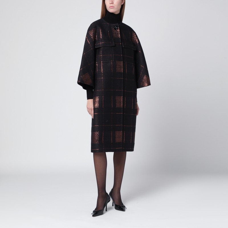 Black cocoon coat in jacquard lamé