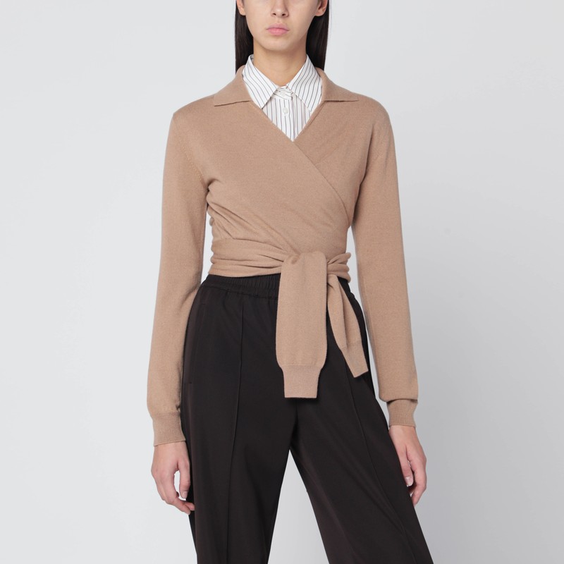 Beige wrap cardigan in cashmere