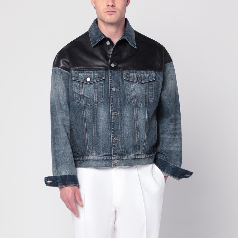 Blue denim and black leather jacket