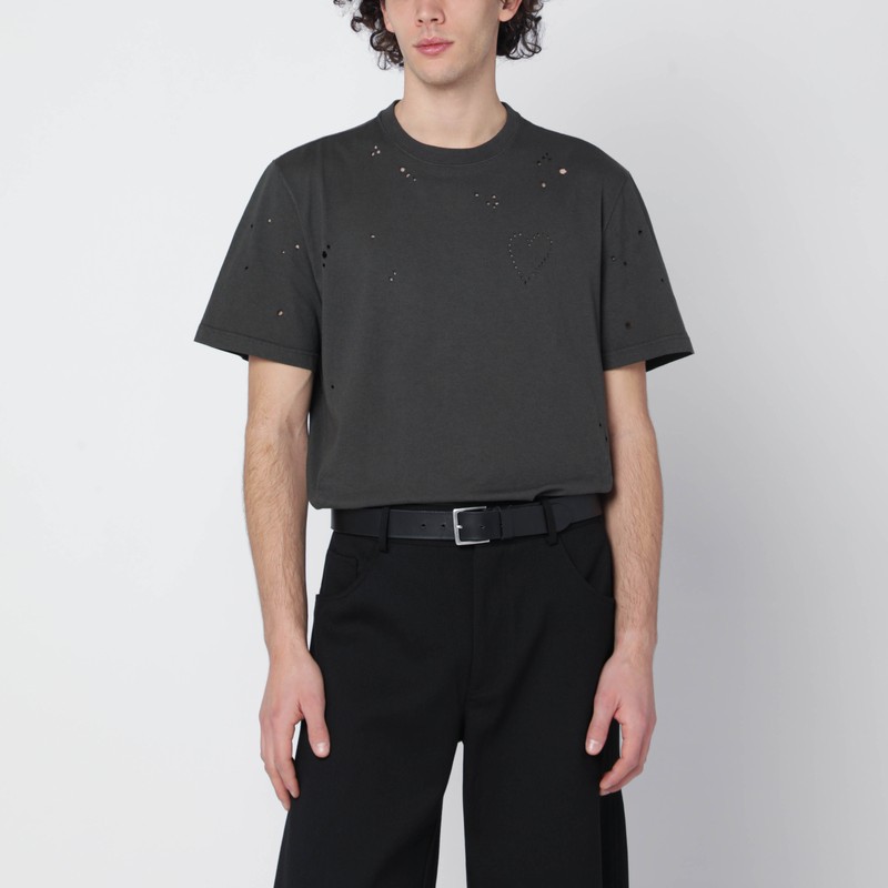 Vintage-effect anthracite T-shirt with perforated heart
