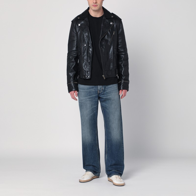 Golden Goose Black Biker Jacket With Notched Revers And Leopard Lining In Black