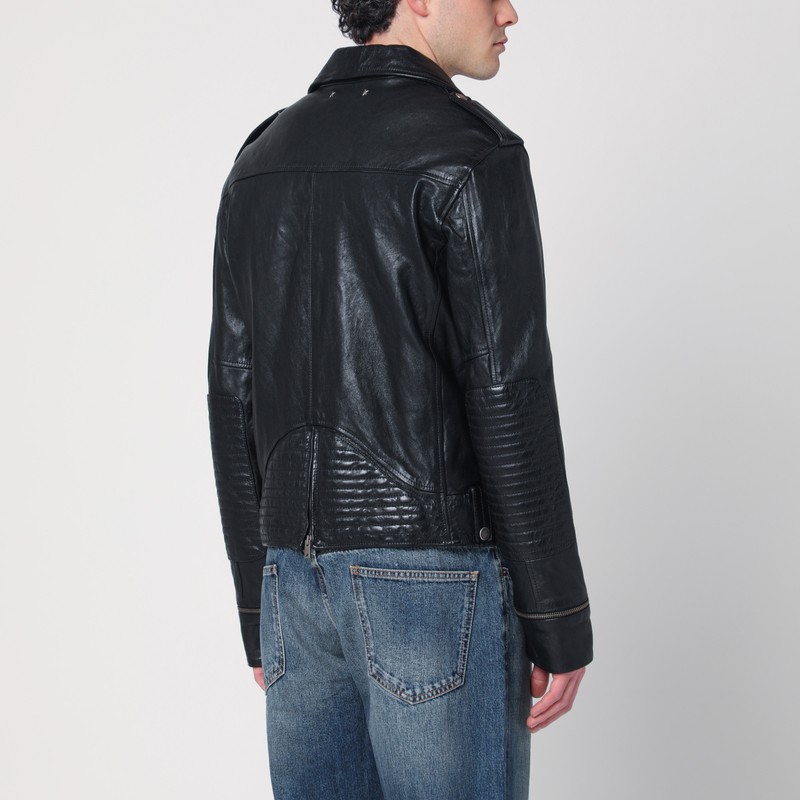 Golden Goose Black Biker Jacket With Notched Revers And Leopard Lining In Black