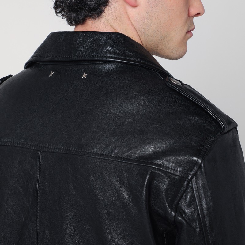 Golden Goose Black Biker Jacket With Notched Revers And Leopard Lining In Black