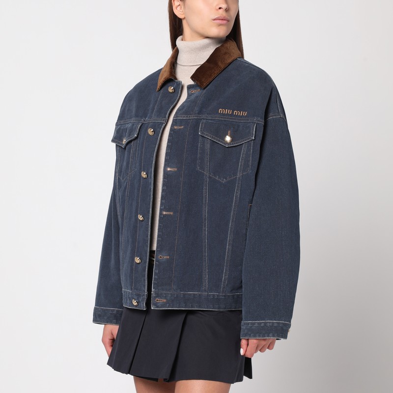 Blue denim jacket with velvet collar