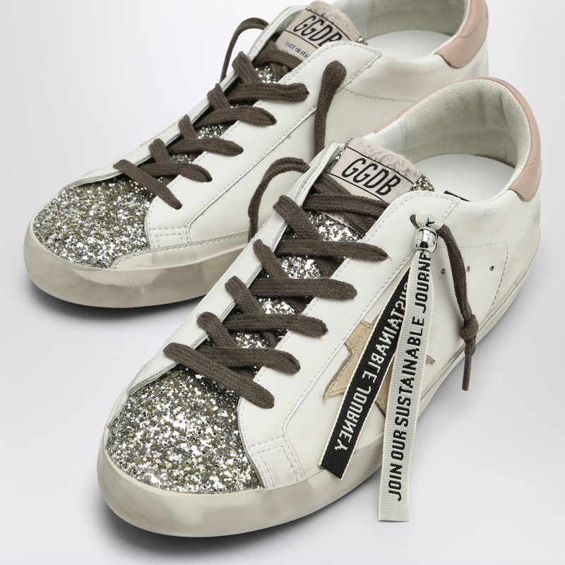 Golden Goose Women's White/platinum Super Star Trainer With Glitter Sneaker | Size 38 | Gwf00102f006236 In White