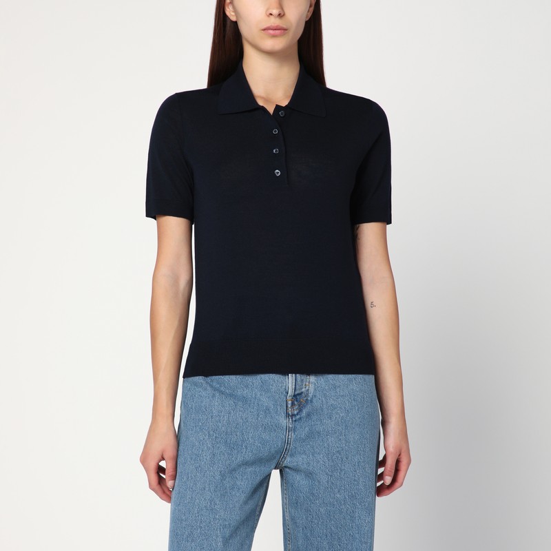 Navy blue polo in virgin wool