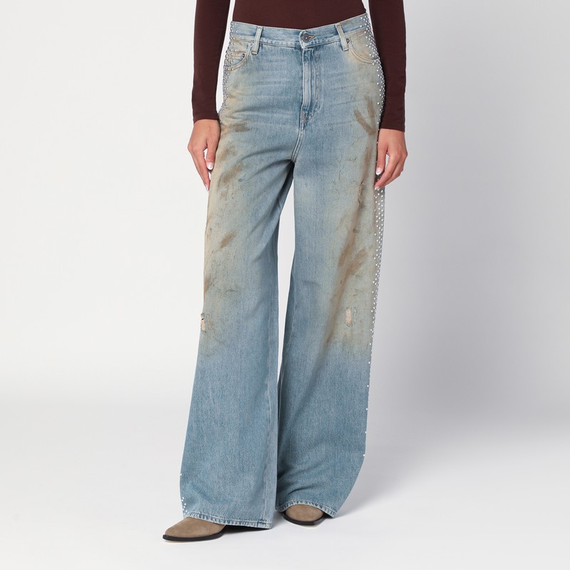 Wide light blue jeans, sand-wash distressed effect