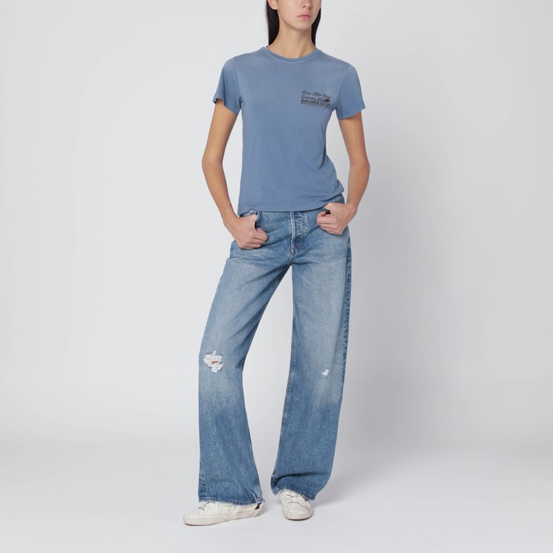 Golden Goose Faded Blue T-shirt With Print On The Chest Women In Blue