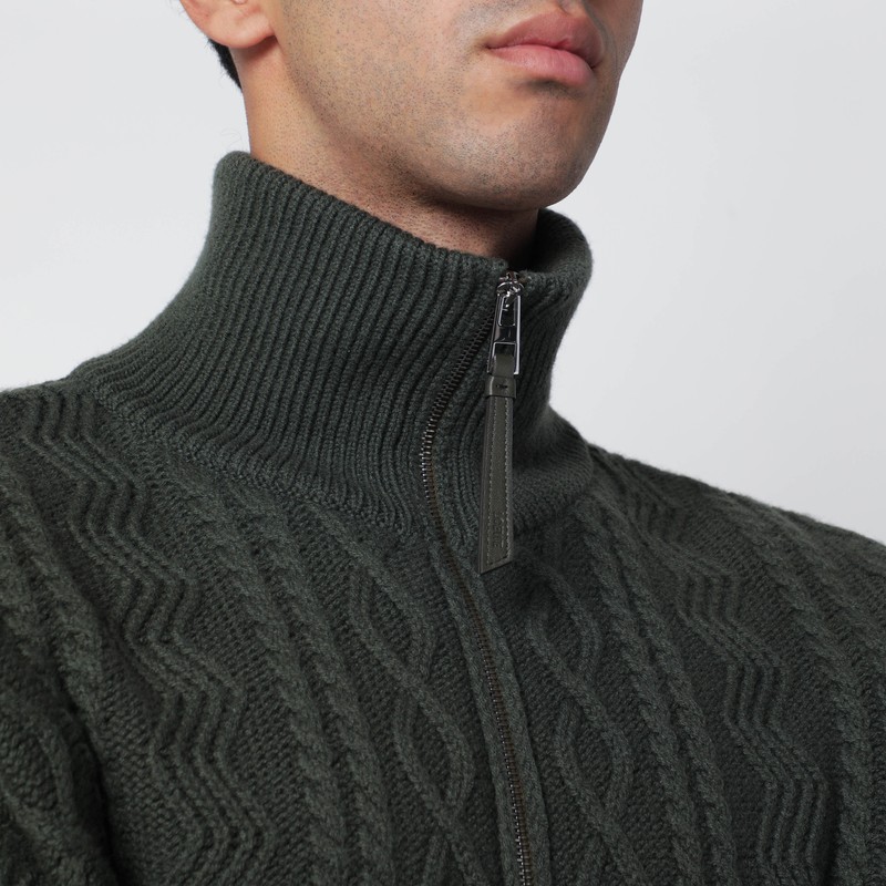 Loewe Khaki Green Wool Zip Sweater In Green