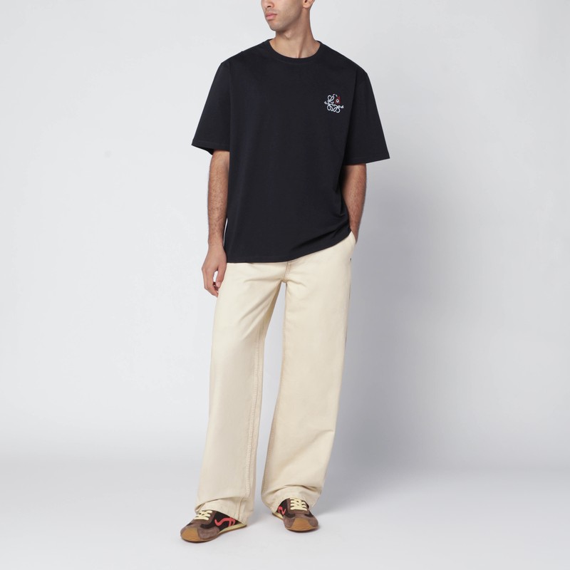 Loewe Navy Blue T-shirt With Anagram Embroidery And Futurist Cat In Black