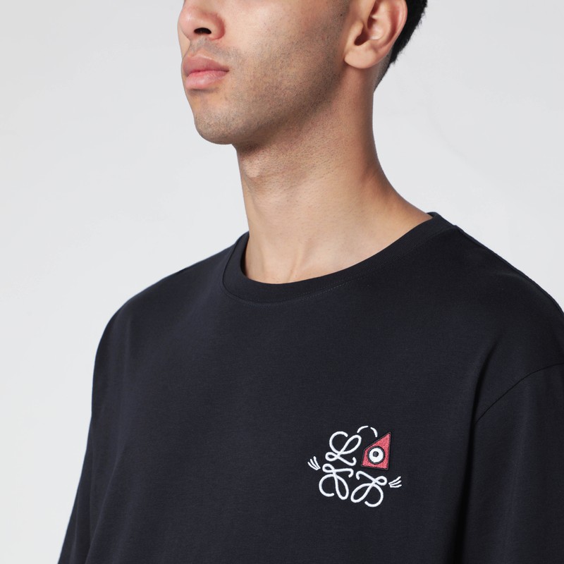 Loewe Navy Blue T-shirt With Anagram Embroidery And Futurist Cat In Black