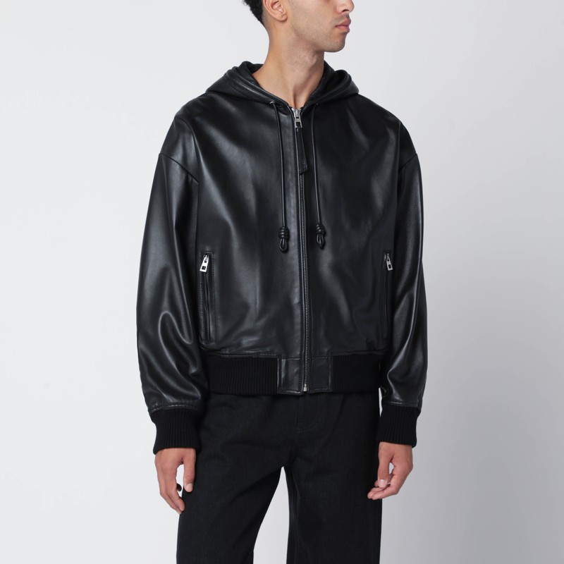 Black leather hooded jacket