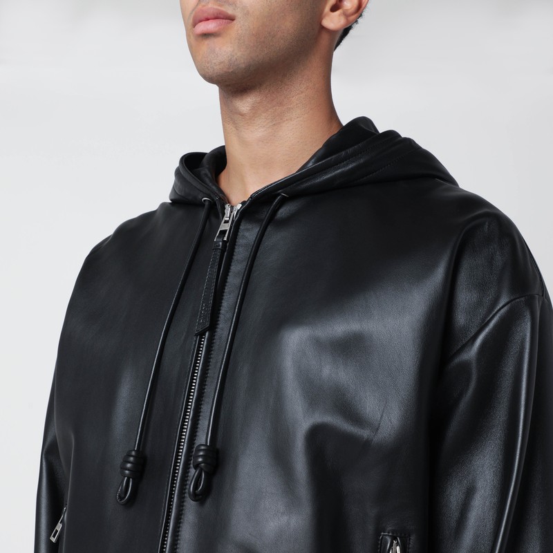 Loewe Leather Hooded Jacket With Logo-patch In Black