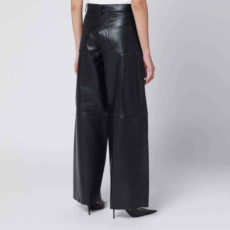Haikure Wide Black Leather Pants In Black