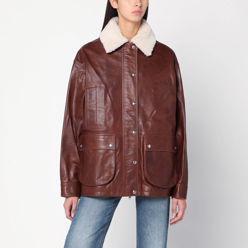 Brown leather jacket with shearling collar