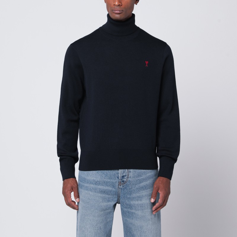 Ami Alexandre Mattiussi Wool Sweater With Turtleneck And Ribbed Finish In Blue