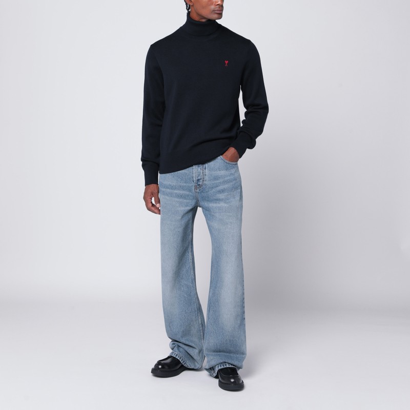 Ami Alexandre Mattiussi Wool Sweater With Turtleneck And Ribbed Finish In Blue