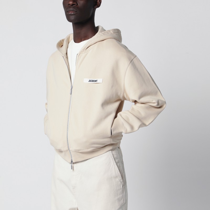 Beige zip-up sweatshirt with grosgrain logo