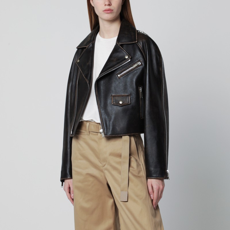Oversized dark brown leather biker jacket