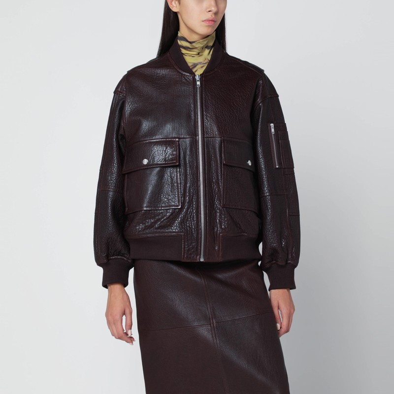 Ivy & Oak Burgundy Leather Bomber Jacket With Zip In Black