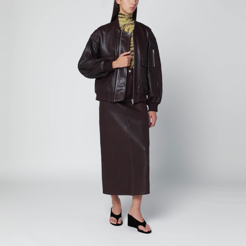 Ivy & Oak Burgundy Leather Bomber Jacket With Zip In Black