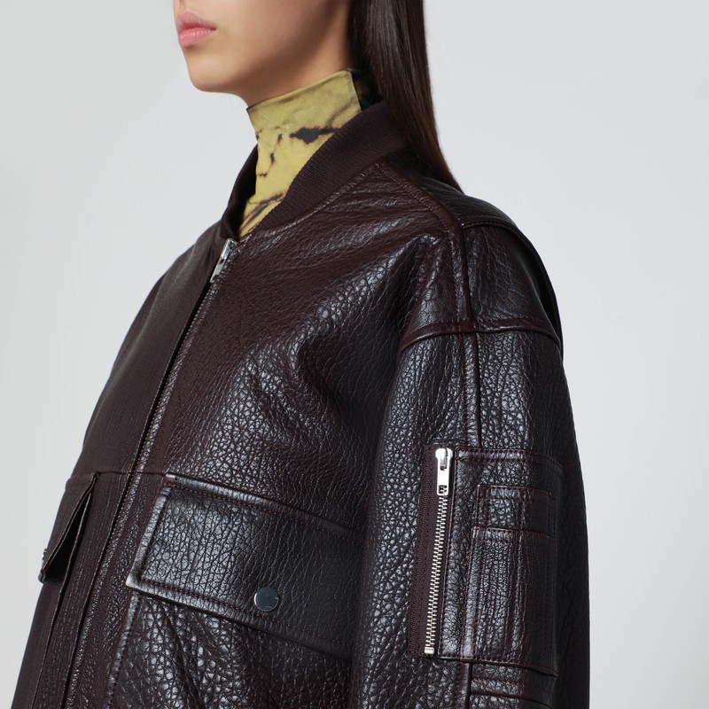 Ivy & Oak Burgundy Leather Bomber Jacket With Zip In Black