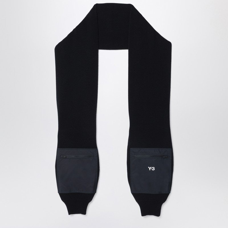 Y-3 Black Wool And Nylon Scarf With Sleeves In Black