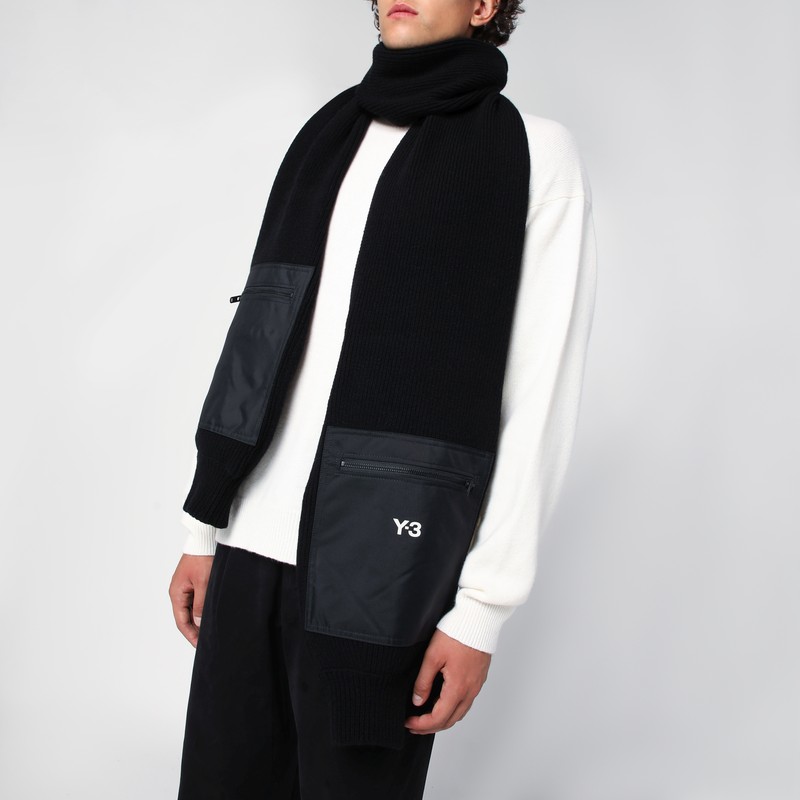 Y-3 Black Wool And Nylon Scarf With Sleeves In Black