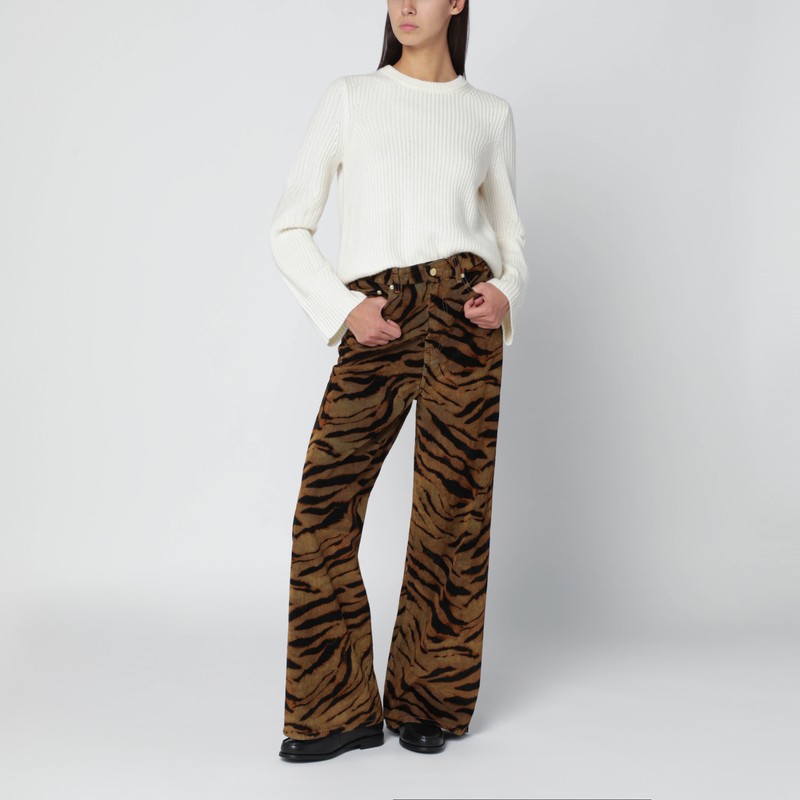 Ganni Zebra-print Cotton-blend Velveteen Wide-leg Pants In Brown