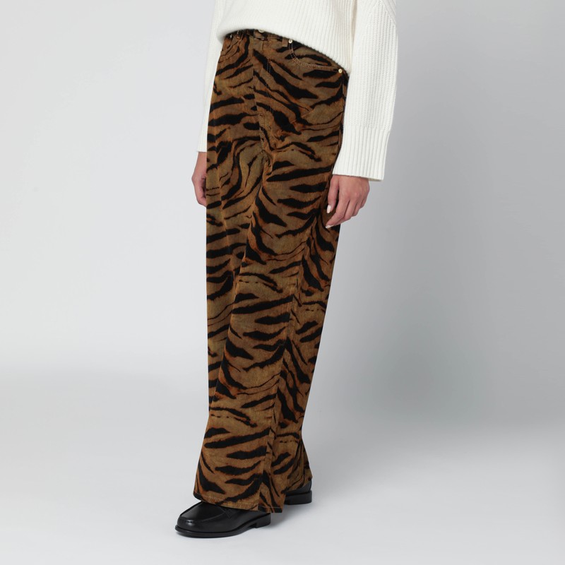 Ganni Zebra-print Cotton-blend Velveteen Wide-leg Pants In Brown