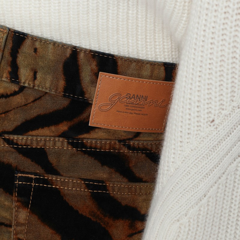 Ganni Zebra-print Cotton-blend Velveteen Wide-leg Pants In Brown