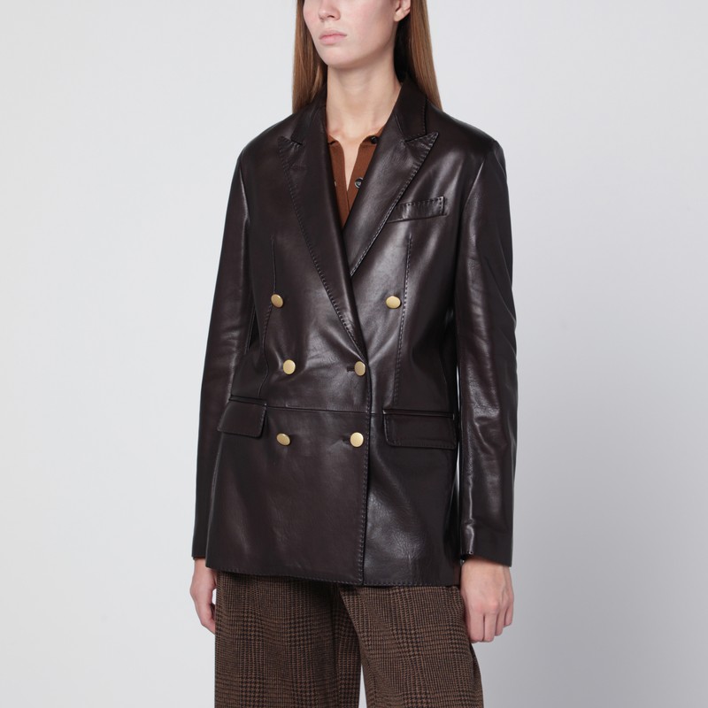 Brown leather double-breasted jacket