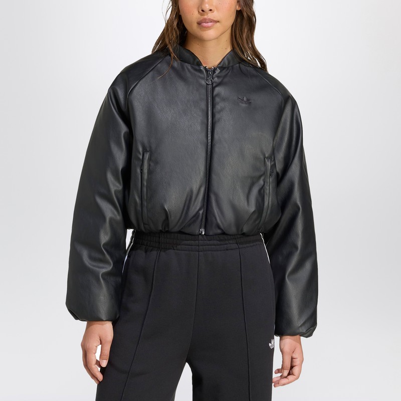 Black faux leather zip-up bomber jacket