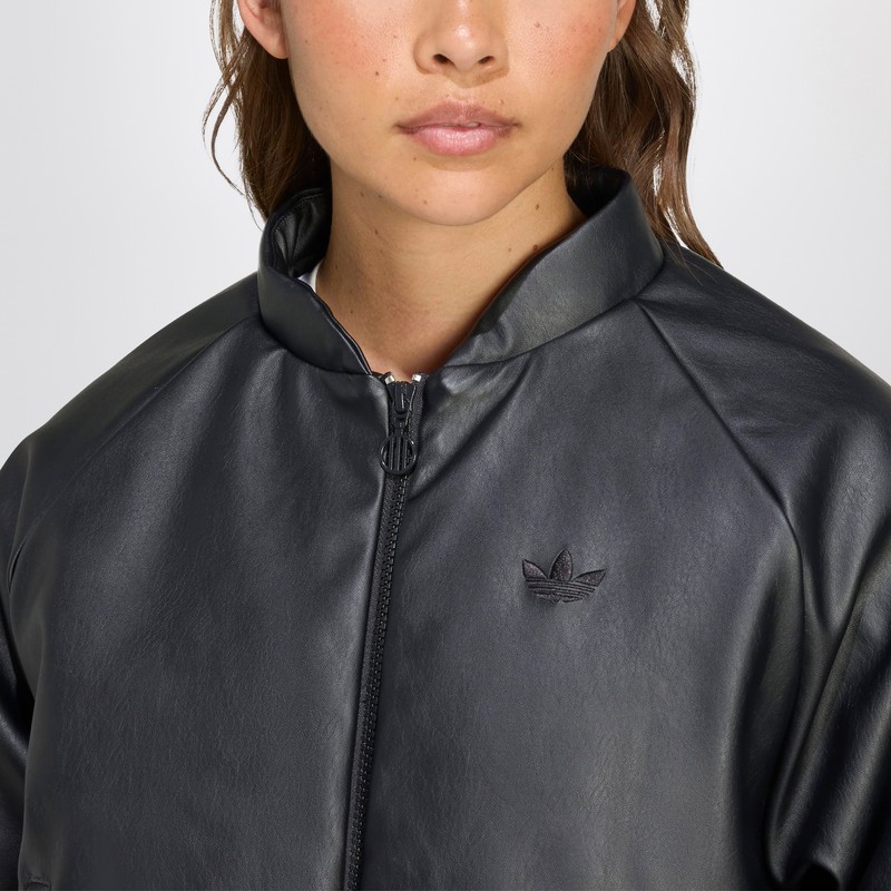 Adidas Originals Black Faux Leather Zip-up Bomber Jacket In Black