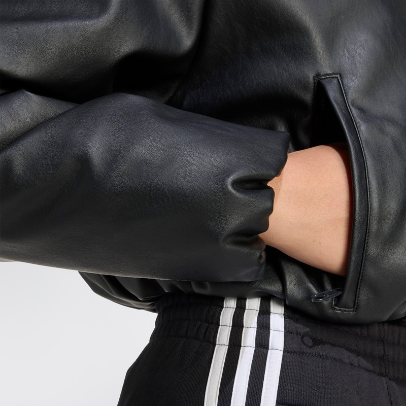 Adidas Originals Black Faux Leather Zip-up Bomber Jacket In Black
