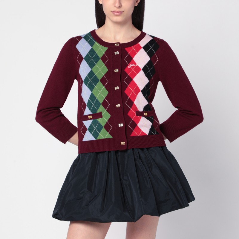 Burgundy checked cardigan in cashmere blend