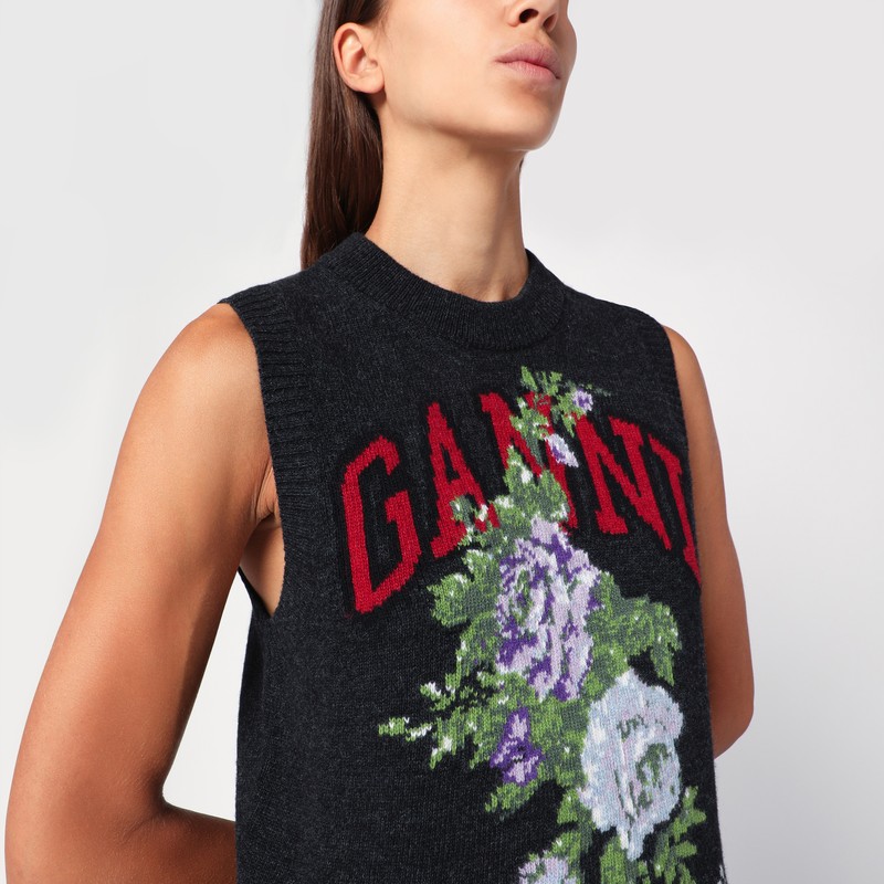 Ganni Flowers Grey Vest In Gray