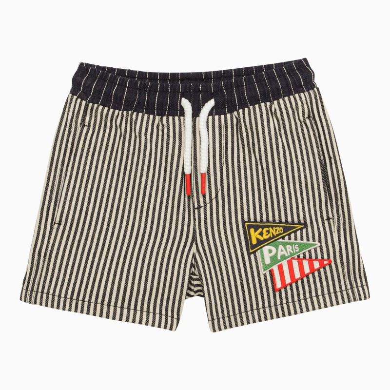 Kenzo Navy Blue Striped Cotton Shorts With Logo Patch In Blue
