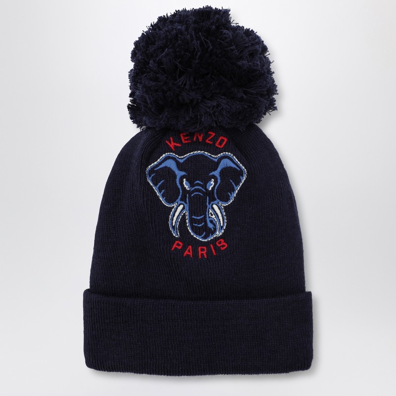 Kenzo Navy Blue Bonnet With Pom-pom In Blue